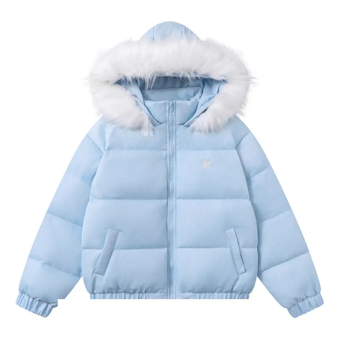 Light blue puffer jacket with white fur hood on a white background