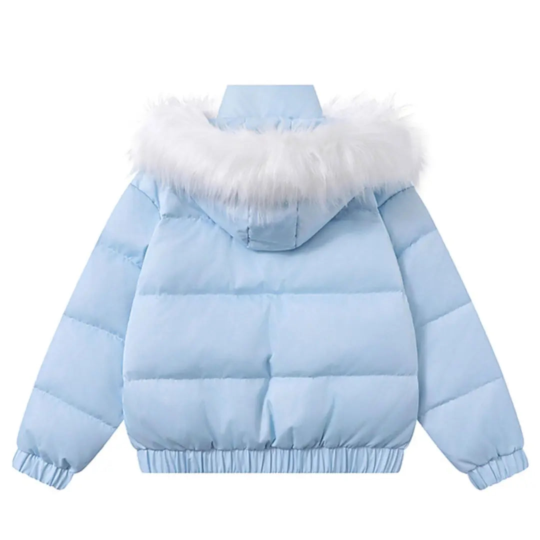 Light blue puffer jacket with white fur hood on a white background