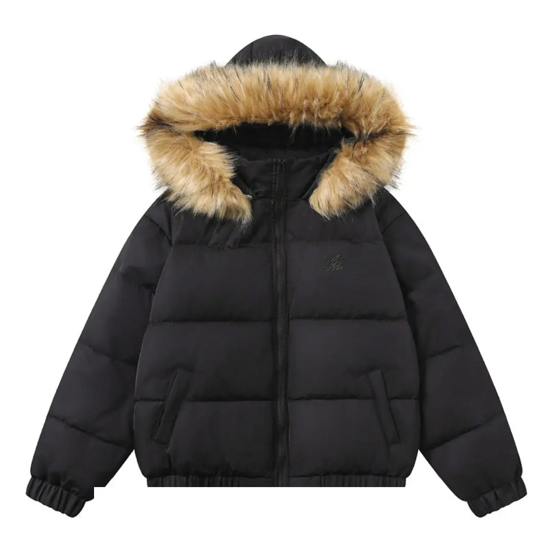Black puffer jacket with fur-lined hood on a white background
