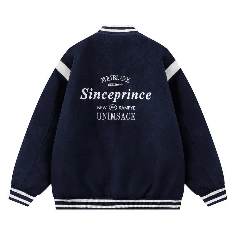 Navy blue jacket with white text on a white background