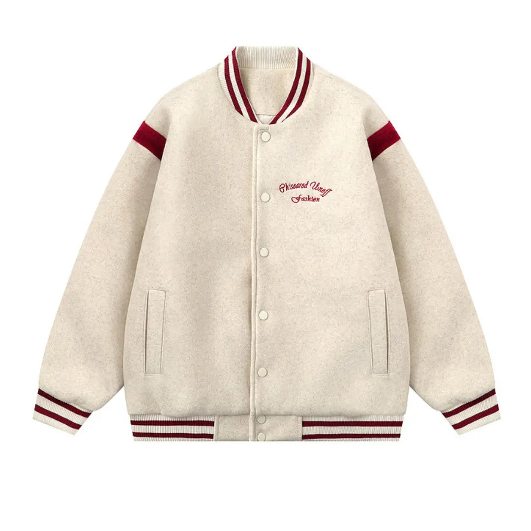 Beige varsity jacket with red accents on a white background