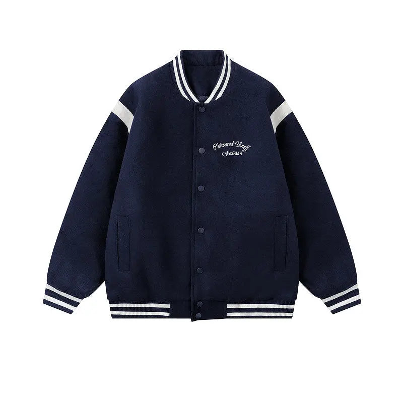 Navy blue varsity jacket with white accents on a white background
