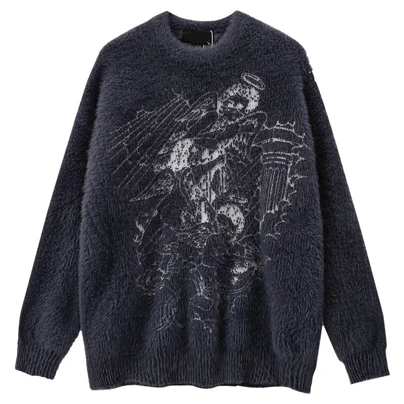 Dark gray sweater with angel and devil graphic on a white background