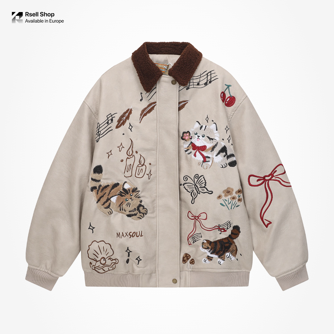 Vintage Cat Leather Jacket  Unisex Warm Coat