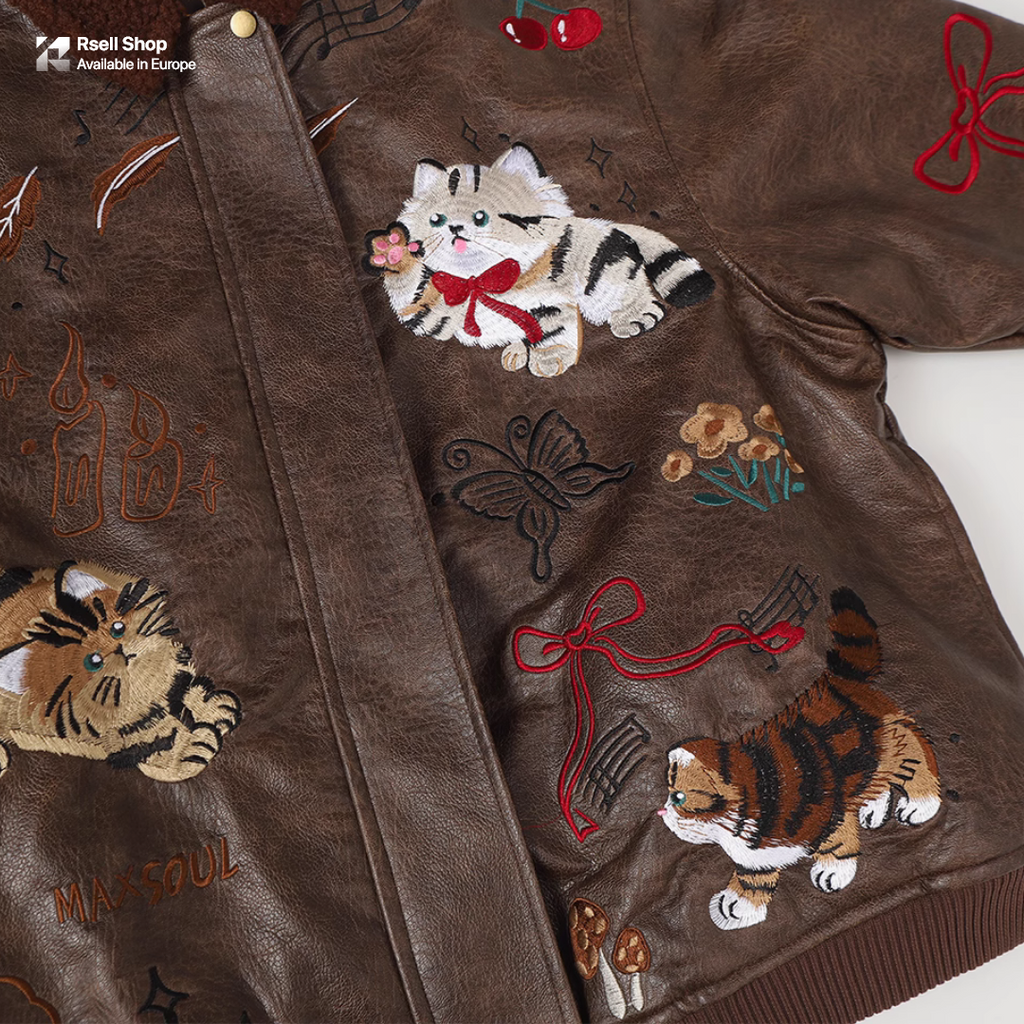 Vintage Cat Leather Jacket  Unisex Warm Coat