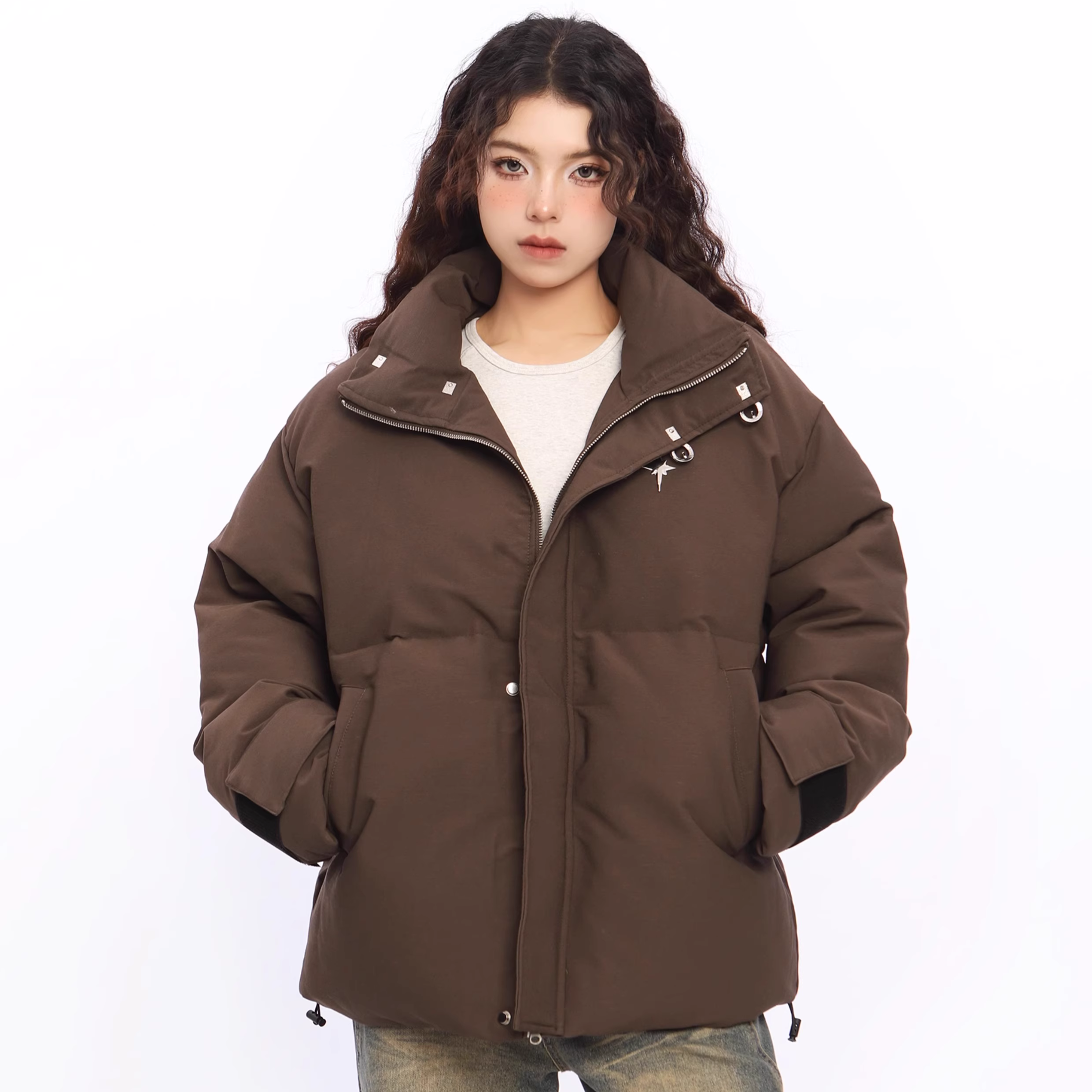 Woman wearing a brown jacket on a white background