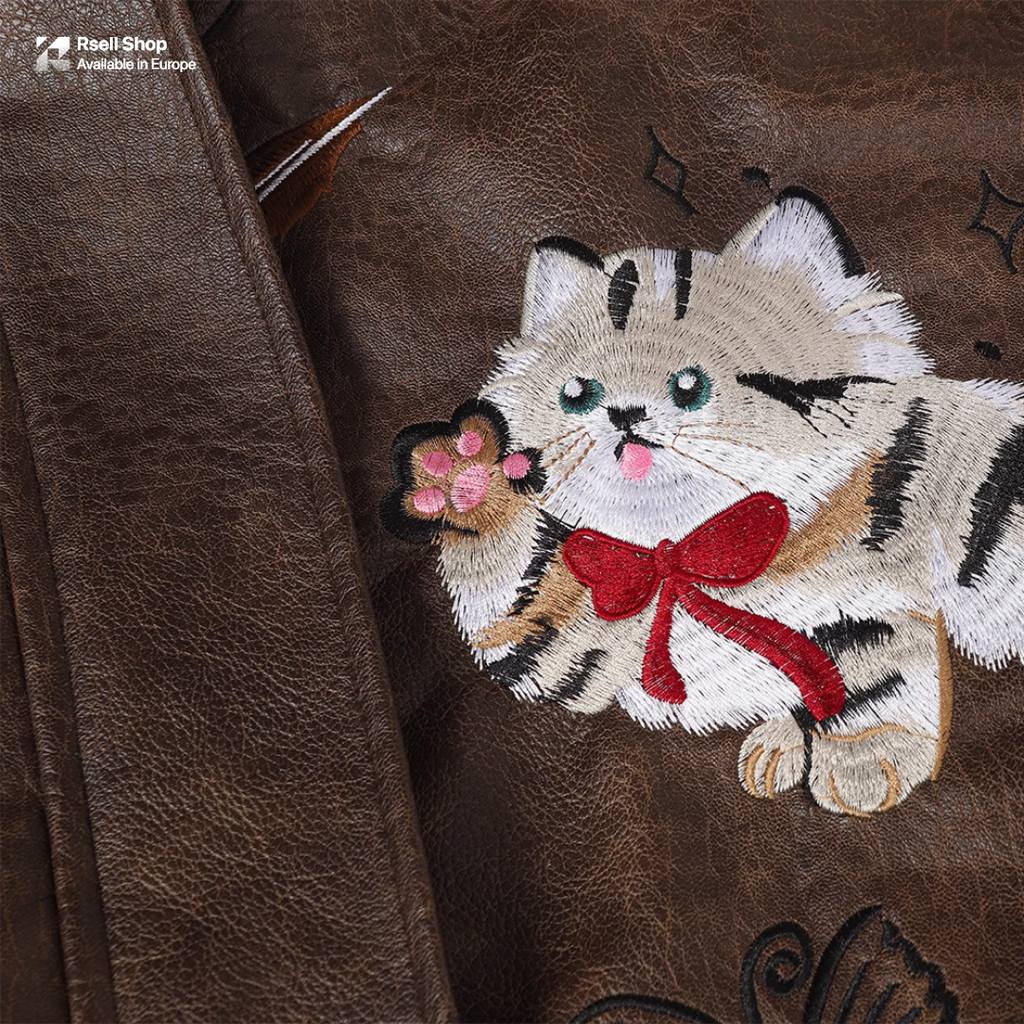 Vintage Cat Leather Jacket  Unisex Warm Coat