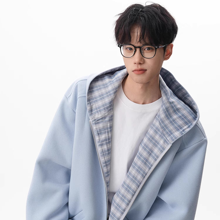 Mens LooseFit American Plaid Pullover Hoodie Jacket