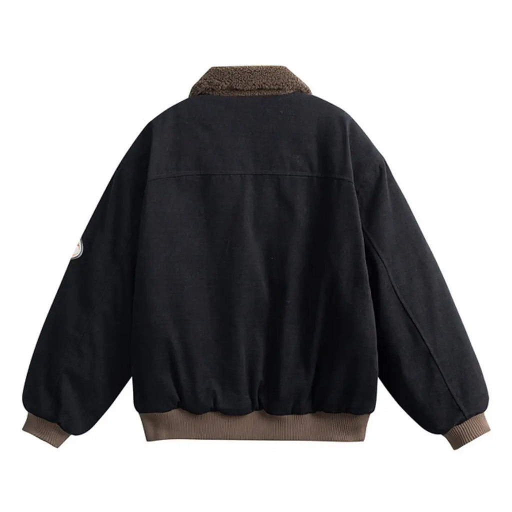 European & American Letter Embroidered Sherpa Collar Padded Jacket