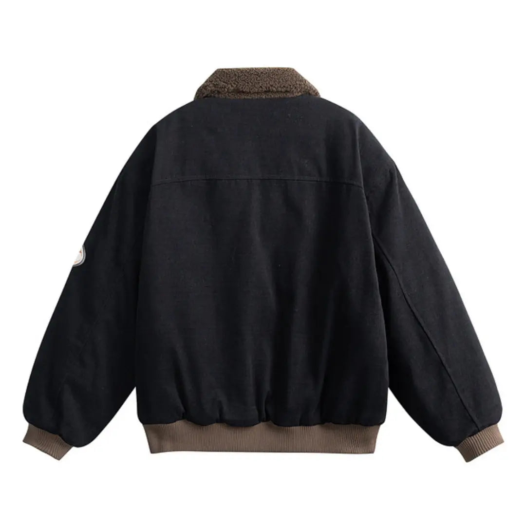 European & American Letter Embroidered Sherpa Collar Padded Jacket