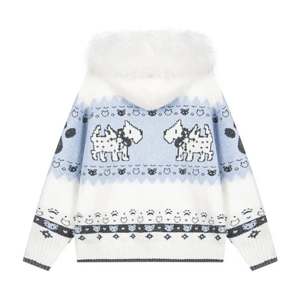 American Vintage Fair Isle Hooded Knit Cardigan Sweater