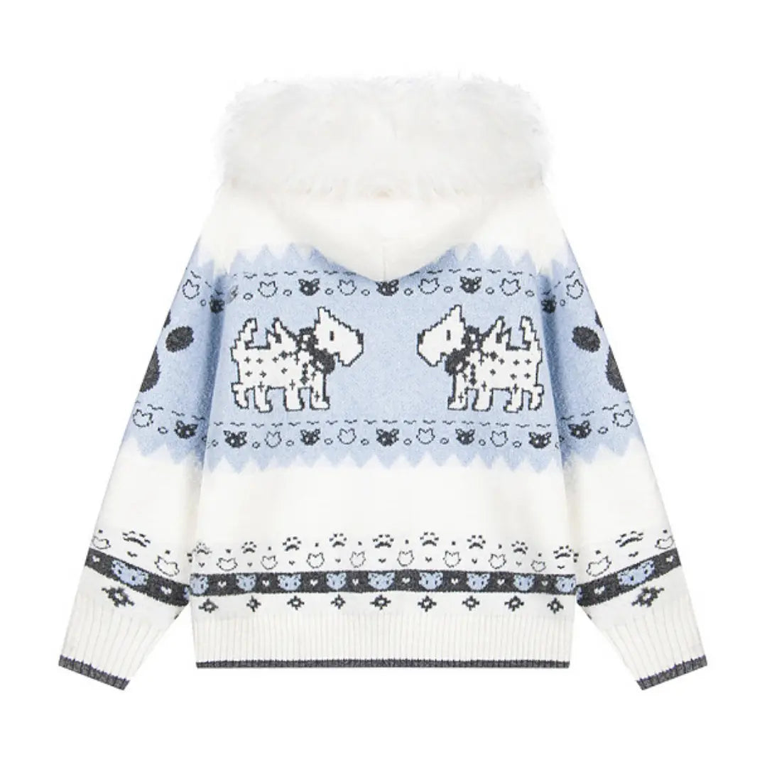 American Vintage Fair Isle Hooded Knit Cardigan Sweater