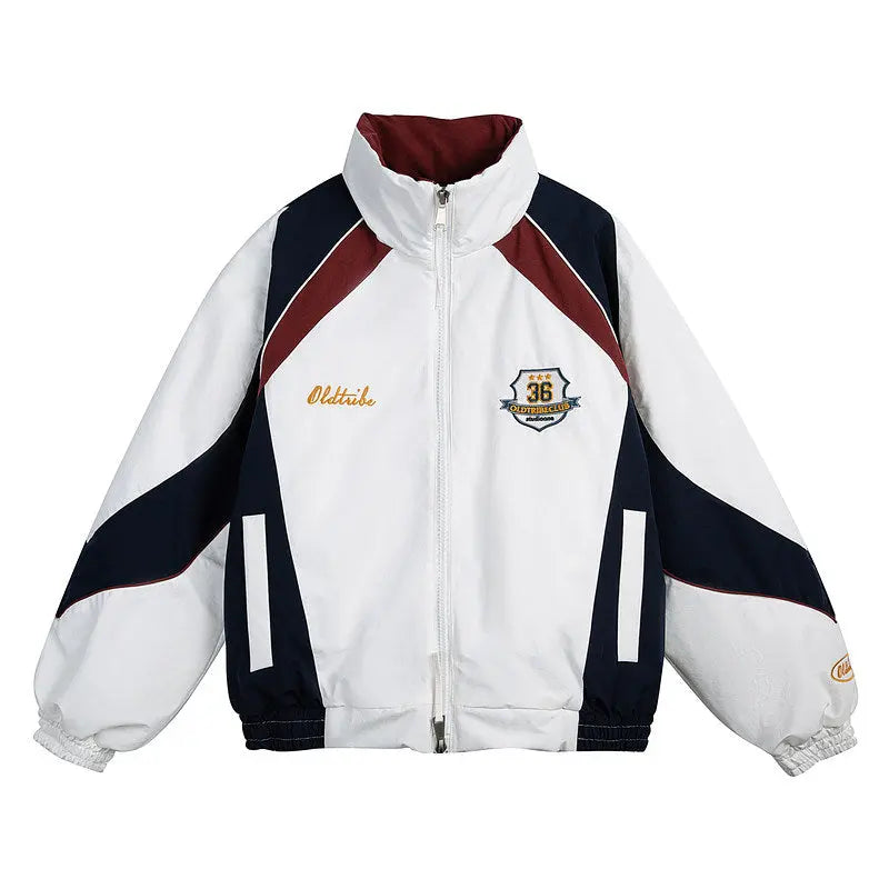 White jacket with black and red accents on a white background